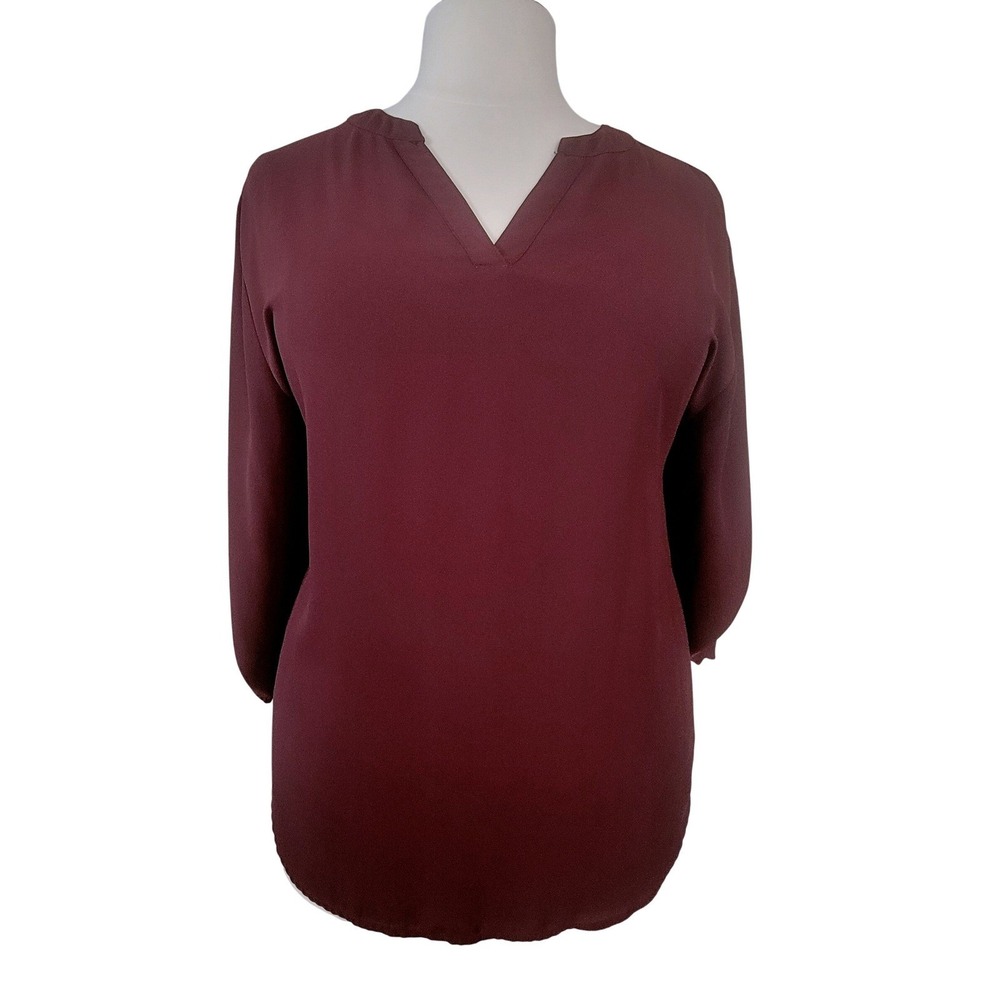 Cato Womens Plus Size 22/24W Burgundy V-Neck Roll Tab Sleeve Hi-Low Tunic